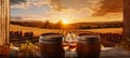 beverage wine drink alcohol glass bottle barrel winery grape sunset. Generative AI. Royalty Free Stock Photo