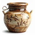 Rustic Glazed Ceramic Pottery Jar with Floral Vine Design Isolated on White Royalty Free Stock Photo