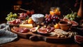 Rustic gourmet appetizer tray bread, cheese, prosciutto, grapes generated by AI Royalty Free Stock Photo