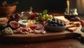 Rustic gourmet appetizer tray bread, meat, cheese, fruit generated by AI