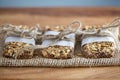 Rustic Granola Bars wrapped with Twine on Burlap Blue BG