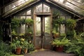 rustic greenhouse doors slightly ajar, revealing plants Royalty Free Stock Photo