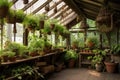 rustic greenhouse with hanging baskets and vines