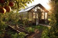 rustic greenhouse nestled among fruit trees in an orchard