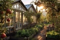 rustic greenhouse nestled among fruit trees in an orchard