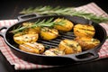 rustic grilled potatoes and rosemary on black iron pan