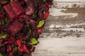 Rustic and grunge nature background. Dried colorful petals scattered on a white wood background Royalty Free Stock Photo