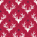 Hand-Stamped White Textured Deer Heads Silhouettes, Stitches and Stars on Red Background Vector Seamless Pattern