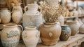 Rustic Handcrafted Pottery and Ceramics Display at Artisan Market Royalty Free Stock Photo