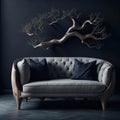 Rustic Handmade Wood Carved Loveseat Sofa in Dark Colors, Decorative Wood Branch, Modern Art Interior Furniture, Generative AI