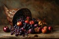 Autumn Harvest Still Life: Apples, Grapes, and Plums in a Wicker Horn Royalty Free Stock Photo