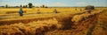 Rustic Harvest: Golden Fields and Farm Life Panorama.