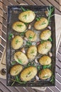 Rustic Hasselback potatoes with herbs, garlic and salt, vegetarian good quality food Royalty Free Stock Photo