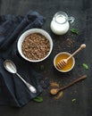 Rustic healthy breakfast set. Cooked buckwheat