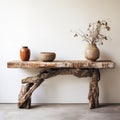 Rustic Hemp Console Table With Driftwood, Stones, And Juju Beads