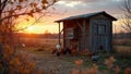 Rustic henhouse at sunset with chickens on a scenic farm landscape Royalty Free Stock Photo