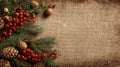 Rustic Holiday Background. Festive pine branches with red berries and pinecones Royalty Free Stock Photo