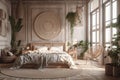 Rustic home design with ethnic decoration. Bed with pillows, wooden furniture, plants in pots, armchair and curtains on Royalty Free Stock Photo