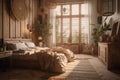 Rustic home design with ethnic decoration. Bed with pillows, wooden furniture, plants in pots, armchair and curtains on Royalty Free Stock Photo