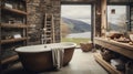 Rustic home interior bathroom, natural and rugged elements,wood, stone earthy colors, creating a cozy, countryside feel