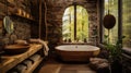 Rustic home interior bathroom, natural and rugged elements,wood, stone earthy colors, creating a cozy, countryside feel