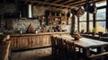 rustic home interior kitchen, Emphasizing natural and rugged elements wood, stoneearthy colors,cozy, countryside Royalty Free Stock Photo