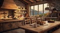 rustic home interior kitchen, Emphasizing natural and rugged elements wood, stoneearthy colors,cozy, countryside Royalty Free Stock Photo