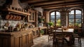 rustic home interior kitchen, Emphasizing natural and rugged elements wood, stoneearthy colors,cozy, countryside Royalty Free Stock Photo