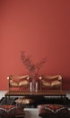 Rustic Home interior mockup with bench,chairs and decor in red room