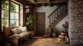 rustic home interior vestibule, Emphasizing natural and rugged elements wood, stoneearthy colors,cozy, countryside