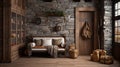 rustic home interior vestibule, Emphasizing natural and rugged elements wood, stoneearthy colors,cozy, countryside Royalty Free Stock Photo