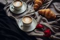 Rustic Morning Breakfast in Bed Croissant Coffee, Rose, Roses, Valentines Couple, Background Neutral Minimalist Simple Minimal Royalty Free Stock Photo