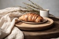 Rustic Morning Breakfast Table Croissant Coffee, Ceramic Stone, Kitchen Backdrop Background Neutral Minimalist Simple Minimal Royalty Free Stock Photo