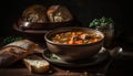 Rustic homemade beef stew cooked on wood generated by AI