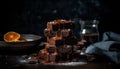 Rustic homemade brownie stack, indulgent chocolate refreshment generated by AI