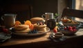 A rustic homemade brunch: pancakes, berries, and coffee on wood generated by AI