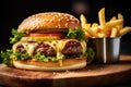 Rustic Homemade Cheeseburger and golden fries Royalty Free Stock Photo