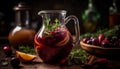 Rustic homemade cocktail with fresh berry and citrus fruit slices generated by AI