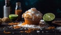 Rustic homemade dessert Lemon lime coconut muffin with fresh fruit topping generated by AI Royalty Free Stock Photo