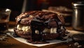 Rustic homemade dessert stack, indulgent chocolate sauce, creamy whipped cream generated by AI