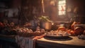 Rustic homemade meal Fresh organic vegetables, meat, and bread bowl generated by AI Royalty Free Stock Photo