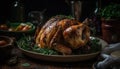 Rustic homemade meal Roast turkey with grilled chicken, fresh vegetables generated by AI