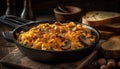 Rustic homemade paella with seafood, pork, and saffron rice generated by AI