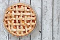 Rustic homemade peach pie, above view on aged white wood