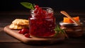 Rustic homemade preserves: sweet berry marmalade in jar generated by AI