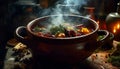 Rustic homemade stew cooked on open flame generated by AI