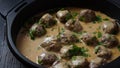 Rustic homemade Swedish meatballs in a pan with cream sauce and parsley Royalty Free Stock Photo