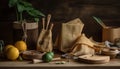 Rustic homemade vegetarian meal with fresh organic ingredients on wooden table generated by AI Royalty Free Stock Photo