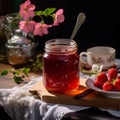 Rustic honey jar with flowers and strawberries Royalty Free Stock Photo