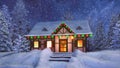 Rustic house decorated for Xmas at snowfall night Royalty Free Stock Photo